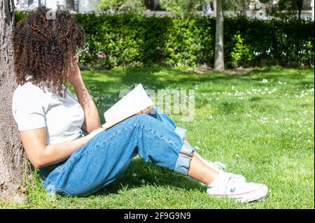 Lockiges Mädchen, das auf dem Gras sitzt und sich an einen Baum lehnt, während es ein Buch liest. Stockfoto