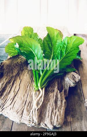 Frisches Salat-Senfgrün auf einem strukturierten Hintergrund aus Holz. Frische Kräuter werden im Stadtgarten gesammelt und für den Gebrauch vorbereitet. Stockfoto