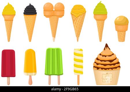 Illustration zum Thema große Kit Eiscreme Sorbet verschiedenen Arten in Kegel Waffel Cup. Eiscreme bestehend aus leckerem Milchsorbet auf Waffelbecher. Sorbet Stock Vektor