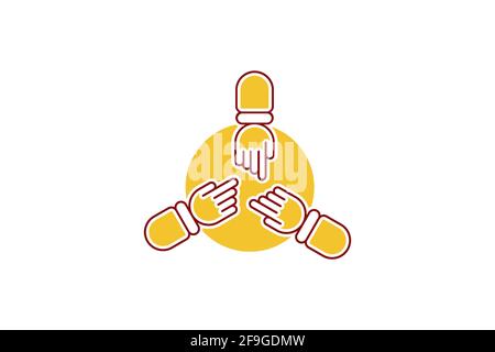 Dreihändes Symbol. Abbildung eines Symbols mit drei Händen auf einem Tisch. Teamarbeit, Treffen oder Glücksspiel Logo-Design. Stock Vektor