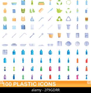 100 Plastiksymbole. Cartoon-Illustration von 100 Kunststoff-Symbole Vektor-Set isoliert auf weißem Hintergrund Stock Vektor