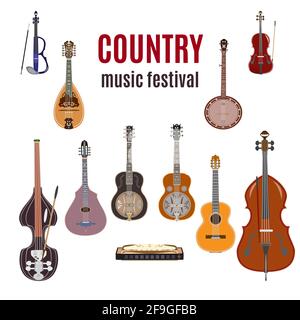 Vektor-Set von Country-Musikinstrumenten, flaches Design. Stock Vektor