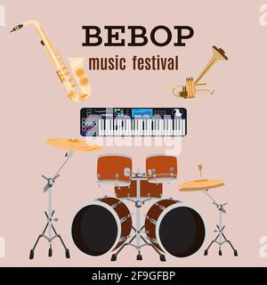 Vector Set von Bebop Jazz Musikinstrumenten, flaches Design. Stock Vektor