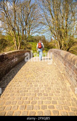 Mann, der Backpacker ist, der über eine alte Grachtenpferdebrücke läuft Über den Trent und Mersey Kanal bei Kidsgrove Stoke On Trent Staffordshire Stockfoto