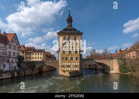 Historisches altes Rathaus, 1461 in die Regnitz eingebaut, Bamberg, Oberfranken, Bayern, Deutschland Stockfoto