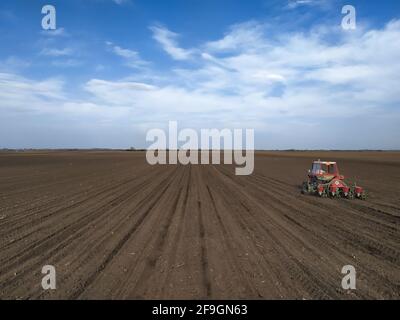 Landwirt sät auf dem Feld in Serbien Stockfoto