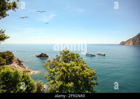 Blick vom Wanderweg auf die wunderschöne Küste und den Strand des mittelmeers in der Nähe des Dorfes Monterosso al Mare im Frühsommer, Cinque Terre Liguria Ita Stockfoto