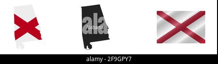 US-Staatskarte von Alabama mit maskierter Flagge. Detailreiche Silhouette. Winkende Flagge. Vektorgrafik isoliert auf Weiß. Stock Vektor