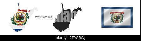 US-Staatskarte von West Virginia mit maskierter Flagge. Detailreiche Silhouette. Winkende Flagge. Vektorgrafik isoliert auf Weiß. Stock Vektor