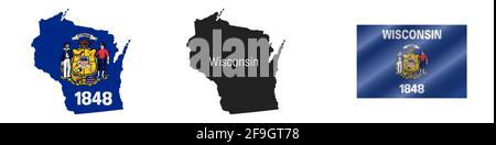 US-Staatskarte von Wisconsin mit maskierter Flagge. Detailreiche Silhouette. Winkende Flagge. Vektorgrafik isoliert auf Weiß. Stock Vektor