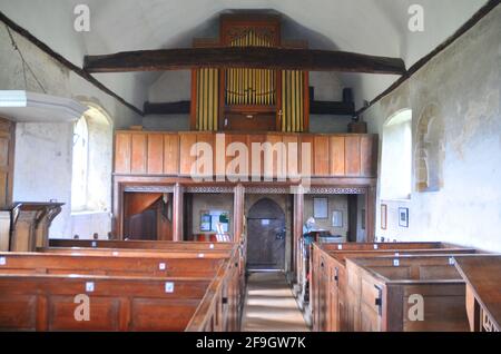 OERGAN UND STALL IM INNEREN DER KIRCHE ST HUBERT'S AUS DEM 11. JAHRHUNDERT, DIE AUS DEM JAHR 1053 STAMMT, IM IDSWORTH , HAMPSHIRE PIC MIKE WALKER 2021 Stockfoto