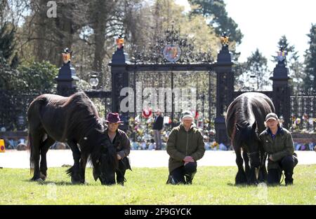 Sandringham, Großbritannien. April 2021. Hannah Whyman-Naveh mit Shadow (26), Carole Fox und Julie Southwell mit ihrem Fell Ponies Shadow (26, links) und Yogi (16) kommen zu den Norwich Gates vor dem Sandringham House in Norfolk, um Prinz Philip Duke von Edinburgh am Tag seiner Beerdigung, dem 17. April 2021, zu ehren Quelle: Paul Marriott/Alamy Live News Stockfoto