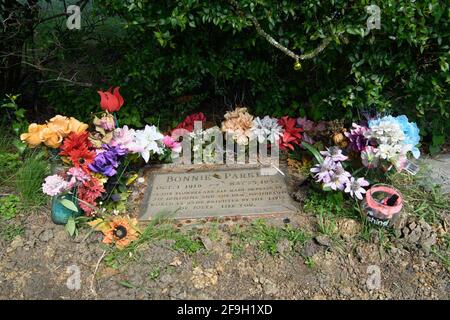 18. April 2021: Bonnie Parker und Clyde Barrow fuhren am 23. Mai 1934 um 9:15 UHR IN eine Falle in der Nähe ihres Versteckes am Black Lake, Louisiana, und wurden in einer Staustufe von 167 Kugeln niedergeschossen. Bonnie Parker wurde voller Kugeln gefunden, die ein Maschinengewehr, ein Sandwich und eine Packung Zigaretten hielten.Clyde Barrow, kaum erkennbar, hielt einen Revolver fest.Obwohl sie im Leben miteinander verbunden waren, wurden Bonnie und Clyde in den Tod gespalten. Während das Paar Seite an Seite begraben wollte, ließ Bonnie's Mutter, die ihre Beziehung zu Clyde abgelehnt hatte, ihre Tochter auf einem separaten Friedhof in Dallas begraben. Cl Stockfoto
