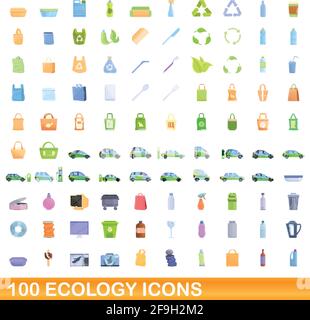 100 Ökologie Symbole gesetzt. Cartoon Illustration von 100 Ökologie Symbole Vektor-Set isoliert auf weißem Hintergrund Stock Vektor