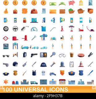 100 universelle Symbole gesetzt. Cartoon Illustration von 100 universelle Symbole Vektor auf weißem Hintergrund einstellen Stock Vektor