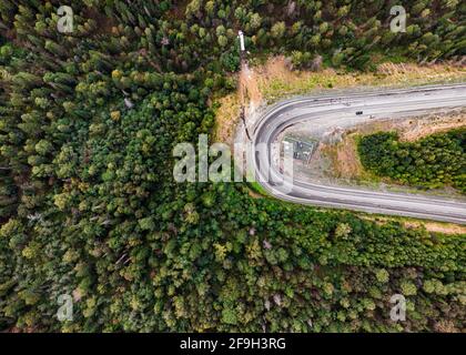 Draufsicht von oben EINE Kurve einer Bergserpentin Straße zwischen immergrünen Bäumen in einem Herbstwald Stockfoto