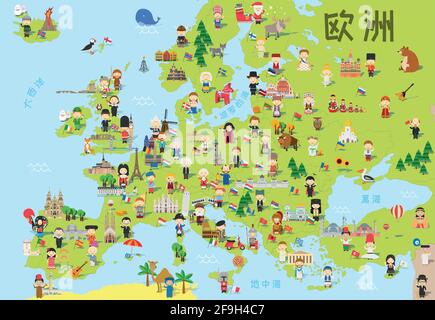 Lustige Cartoon-Karte von Europa auf chinesisch mit Kindern verschiedener Nationalitäten, repräsentativen Denkmälern, Tieren und Objekten aller Länder. Stock Vektor
