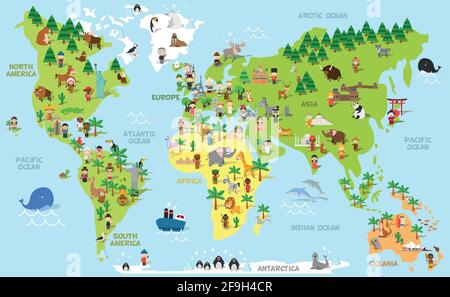 Lustige Cartoon-Weltkarte mit Kindern verschiedener Nationalitäten, Tieren und Denkmälern aller Kontinente und Ozeane. Vektorgrafik für Pre Stock Vektor