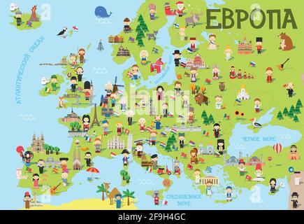 Lustige Cartoon-Karte von Europa auf russisch mit Kindern verschiedener Nationalitäten, repräsentativen Denkmälern, Tieren und Objekten aller Länder. Stock Vektor