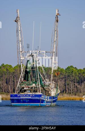 Das „Mystical Sea“-Garnelenboot macht sich auf den Weg nach Hause von einer Garnelenfahrt am 23. November 2012 in Bayou La Batre, Alabama. Stockfoto