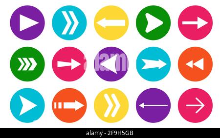 Weiße flache Pfeilsymbole, die im Kreis auf weißem Hintergrund angeordnet sind. Sammlung von Zeigerformen verschiedener Formen. Einfaches Cursorsymbol für Grafikdesign, mobile Apps, Web-Interface. Richtungsschild nach oben, unten, links, rechts Stock Vektor