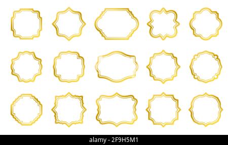 Leere Zierrahmen aus Gold. Retro-Abzeichen-Vektor-Set. Designvorlagen für Vintage-Verpackungen für Flaschen, Gläser, Tassen oder Geschirr. Spezielle Supermarkt Werbeangebot Preisschild. Stock Vektor