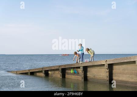 Drei Kinder spielen am Bootssteg, fangen Krabben, haben Spaß am sonnigen sonntag, Whitstable, Kent Stockfoto