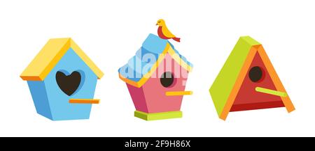 Vogelhaus mit Vogel flach Cartoon-Set. Ländliche bunte Garten Außendekoration hölzerne Vogelhaus, Gartenkonzepte. Handgezeichnete Vogelkiste und Vogelhaus-Kollektion. Isolierte Vektordarstellung Stock Vektor