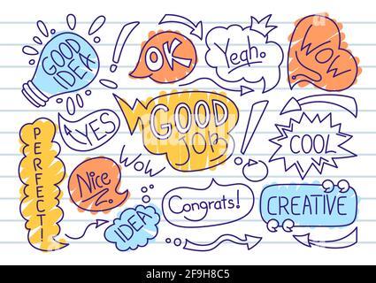 Sprechblase Skizze Doodle Set, Hintergrund Zeile Notizbuch. Design Elements Dialog Clouds mit Text, Business-Banner. Rede dachte Blobs Ikone Comics Buch. Handgezeichnete Cartoon-Vektor-Illustration Stock Vektor
