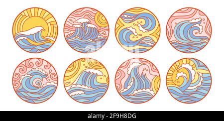 Sea Waves Doodle Runde Muster gesetzt. Ozean Ornament Wasserwelle und Sonne handgezeichnete Sonnenuntergang, Sonnenaufgang Design-Element. Icon marine Surfen lineare Dekoration. Lockenwellen und Spiralen Wappen, Cartoon-Vektor Stock Vektor