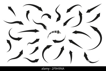 Symbole mit schwarzen Pfeilen eingestellt. Flaches gekrümmtes Cursorzeichen. Navigationszeiger. Infografik. Einfaches grafisches Symbol oben, links, rechts, unten. Vollständige Rotation abstrahieren oder aktualisieren. Isolierte Vektordarstellung Stock Vektor
