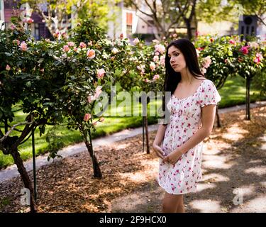 Schöne Latina Teen bewundern Rosen in einem Garten in lite Kleid für den Frühling Stockfoto