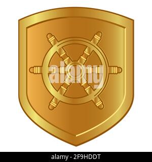 Boot Lenkrad Symbol in goldenem Schild Logo der Marine Schiff nautische Navigationsgesellschaft Stock Vektor