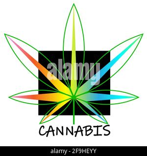 Cannabisblatt-Logo auf schwarzem quadratischem Hintergrund mit farbigen Elementen 1 Stock Vektor