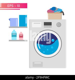 Waschmaschine, kleiner Wäschekorb. Es gibt Wäschestücke auf den Regalen. Realistisches Design. Auf weißem Hintergrund. Flache Vektorgrafik. Stock Vektor
