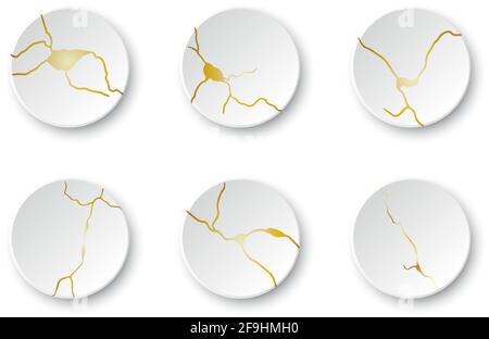 Set mit goldenen Kintsugi-Rissen. Zerbrochene und rissende Wirkung, Craquelure und beschädigte Textur. Vektor-Illustrationen können für kintsugi Dekorationen, Wand verwendet werden Stock Vektor