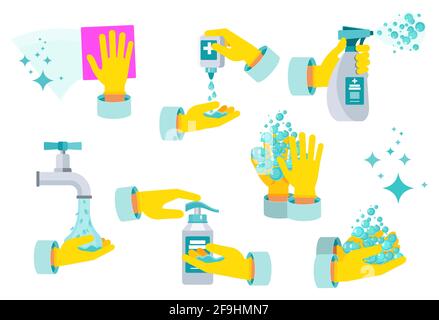Set von Antiseptikum zur Desinfektion. Handhygiene. Stock Vektor