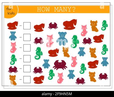 Ein Mathe-Spiel für Kinder. Zählen Sie die Anzahl der Sandspielzeuge. Sandformen, Krabbenpferd Bär Krabbenkatze. Vektor auf weißem Hintergrund isoliert Stock Vektor
