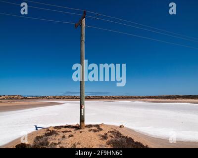 Salt Lake & Telegraph Pole in der Nähe von Lake Macleod auf der Blowholes Rd in der Nähe von Carnarvon, Westaustralien Stockfoto