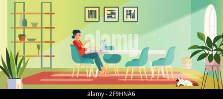 Geschäftsfrau trinkt Kaffee und nutzt morgens zu Hause ein digitales Tablet. Berufstätigen Mutter arbeitet von zu Hause aus. Freiberuflicher Arbeitsplatz in gemütlichem Raum Stock Vektor