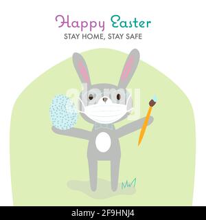 Bleiben Sie zu Ostern zu Hause, motivierendes Zitat, um während der covid-19 Pandemie-Quarantäne sicher und gesund zu bleiben. Cartoon Hase mit Kunstpinsel, helles Ei, Zuhause Stock Vektor