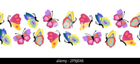 Nahtlose Bordüre mit Schmetterlingsdesign. Wiederholende horizontale Muster gemalt Schmetterlinge. Farbenfrohes Insektenbanner für Stoffbesatz, Rahmen, Fußzeile, Kopfzeile, Bänder Stockfoto