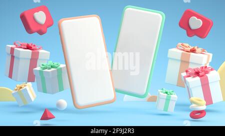 Zwei Mobiltelefone mockup leerer Bildschirm mit Geschenkboxen und Mag in einem lustigen und minimalistischen 3D-Cartoon-Stil Stockfoto