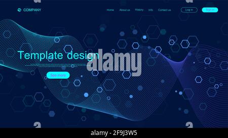 Landing Page Design-Vorlage für Wissenschaft, Medizin, Technologien, Wirtschaft, Bildung mit Sechsecken und bunten dynamischen Wellen. Moderne Landing Page Stock Vektor