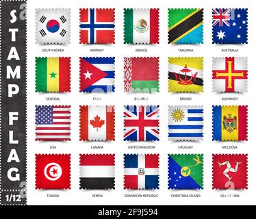 Stempel mit offiziellem Länderflaggenmuster und alter Grunge-Textur und Ländername. Quadratische Form . Vektor . Set 1 von 12 auf dieser Serie ( Alle nationalen Stock Vektor