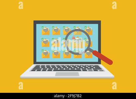 Laptop und Umschlag mit schwarzem Dokument und Totenkopf-Symbol. Viren, Malware, E-Mail-Betrug, E-Mail-Spam, Phishingbetrug, Hacker-Angriff Stock Vektor