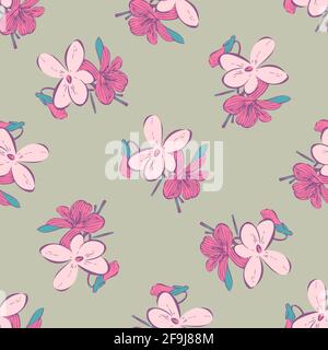 Zweige mit Blumenzeichnung, Blüte in rosa Farben, Wiese floral nahtlose Muster, Natur abstrakt Hintergrund Vektor. Linie Kunst botanische illustrationo Stock Vektor