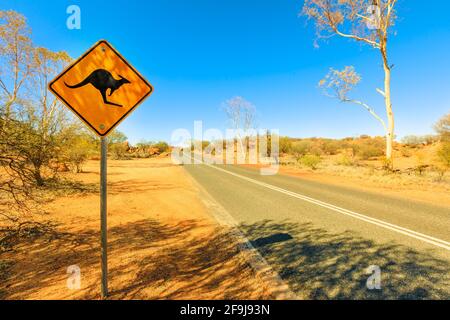 Warnschild für Kangaroo Crossing: Fahren Sie entlang des Northern Territory, Red Centre, Australien. Zentralaustralische Landschaft mit Sonnenstrahlen am blauen Himmel. Stockfoto
