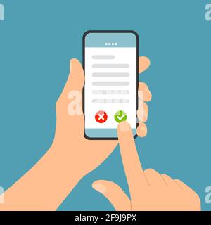 Flache Design-Abbildung der männlichen Hand halten Touchscreen-Handy. Bestätigt die Anzeigebedingungen oder den Lizenzvektor Stock Vektor