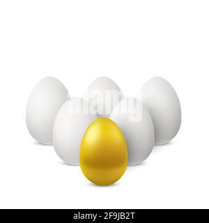 Führung des goldenen Eies. Vektor goldenes einzelnes Ei und Gruppe der weißen Eier hinter. Gruppe von realistischen Hühnereiern isoliert mit weichen Schatten auf Weiß Stock Vektor